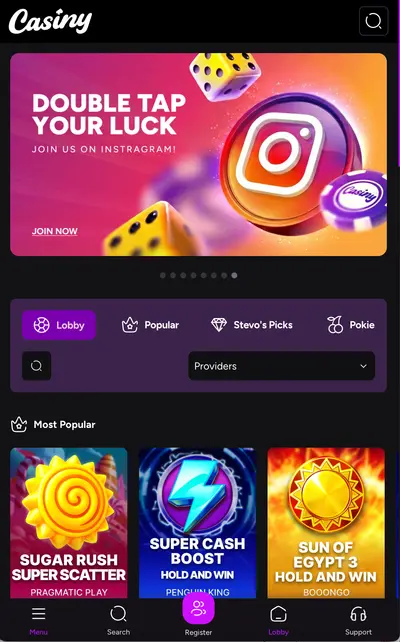 Casiny Casino — home screen on mobile