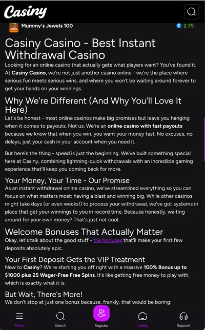 Casiny Casino deposit and payment methods on mobile