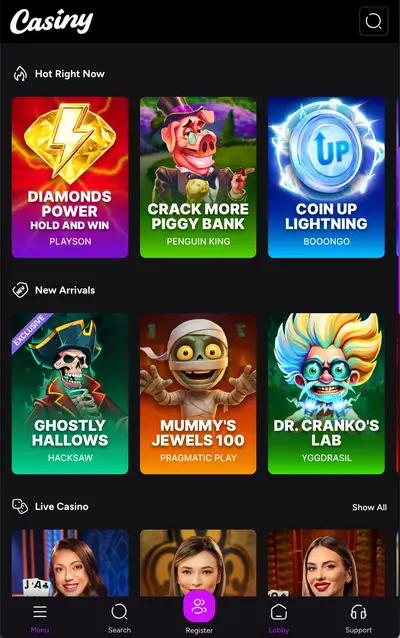 Casiny Casino welcome package and bonus offers on mobile