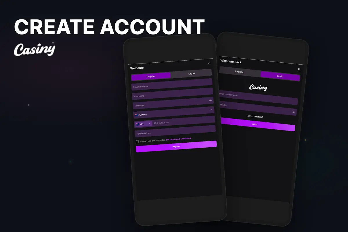 Casiny Casino registration form on mobile — sign up with email or phone to create an account