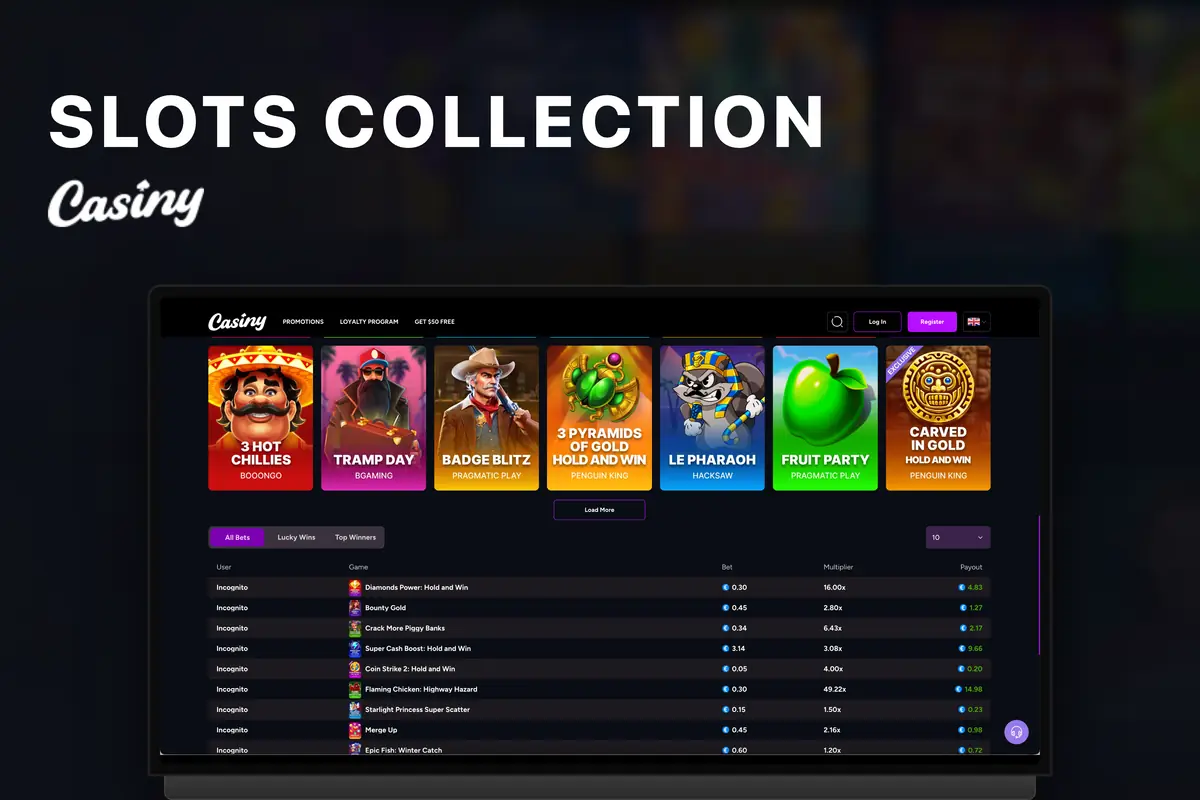 Casiny Casino slots lobby — game grid and filters